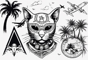 cat in a mask with palm trees and airplanes in the background tattoo idea