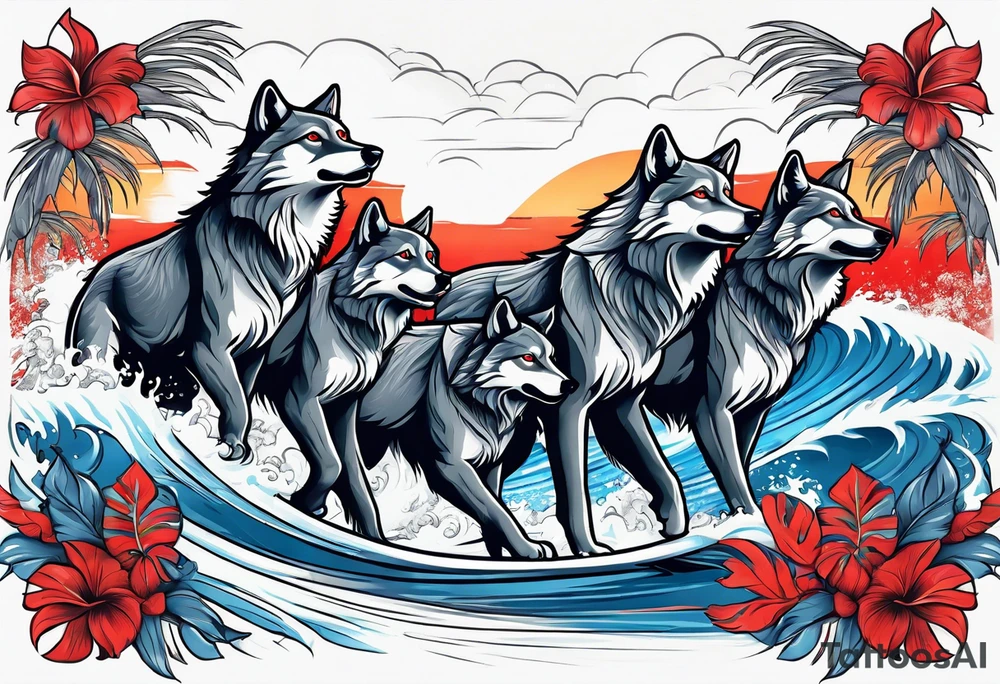 a pack muscular of gray wolves surfing with a tropical background with red white and blue hues tattoo idea