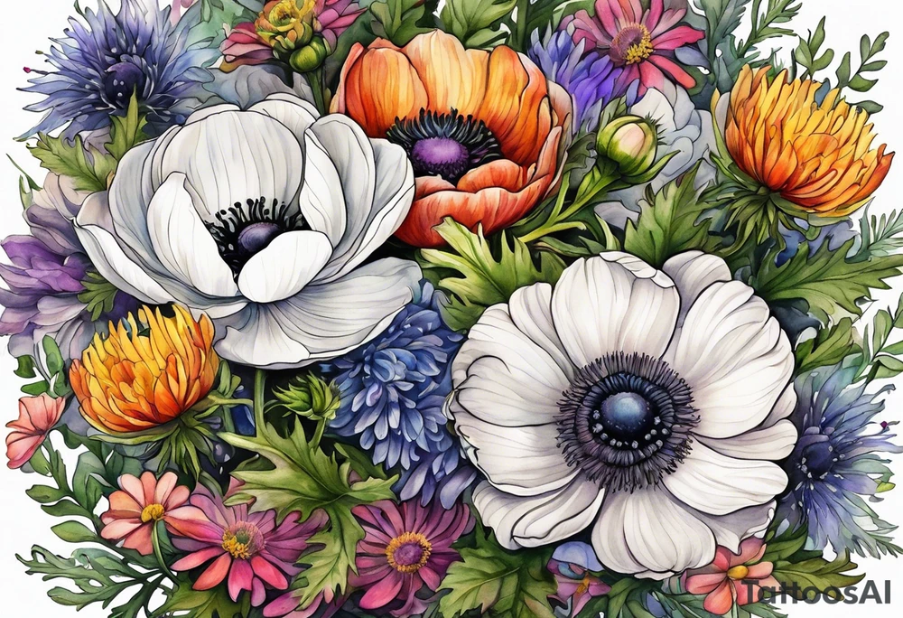 a white anemone with black center in the middle of equal sized mixed colorful wildflowers all with different shapes including thistles, ferns, ranuculus, and sun flowers all in watercolor tattoo idea