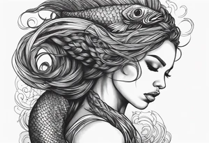A Black mermaid with dread lock hairs going up in the air, with a shell bra and a nice long fish tail tattoo idea