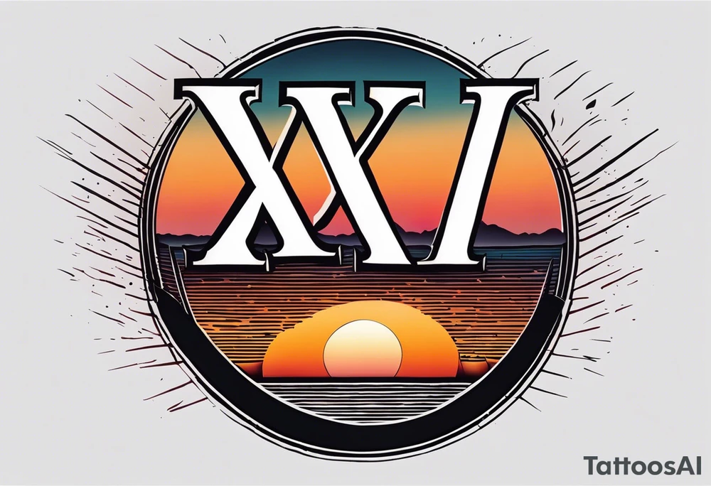 XXII VI MMXXI letters with a sunset background tattoo idea