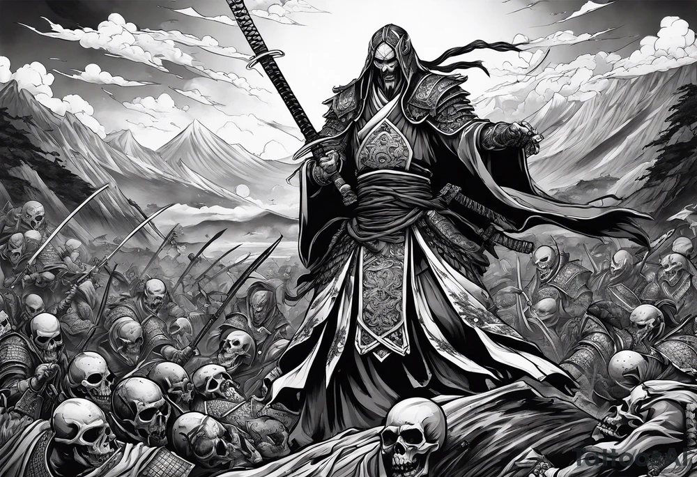 Undead elder lich necromancer standing on the bodies of dead samurai warriors on a battlefield tattoo idea