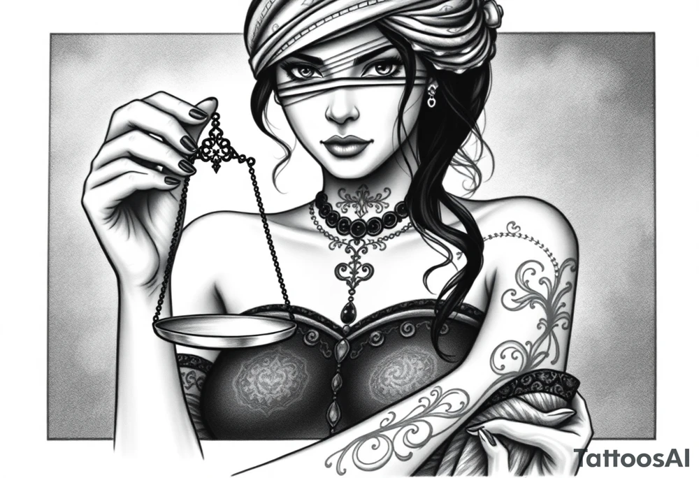Fortuna's card as a beautiful woman with eyes covered with material, holds a scale in her hands. This character have to be in a card. Do this woman without named tattoo idea