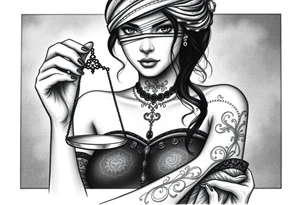 Fortuna's card as a beautiful woman with eyes covered with material, holds a scale in her hands. This character have to be in a card. Do this woman without named tattoo idea