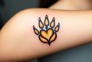A lion paw imprint with golden highlights, the heart shape subtly emerging through tattoo idea