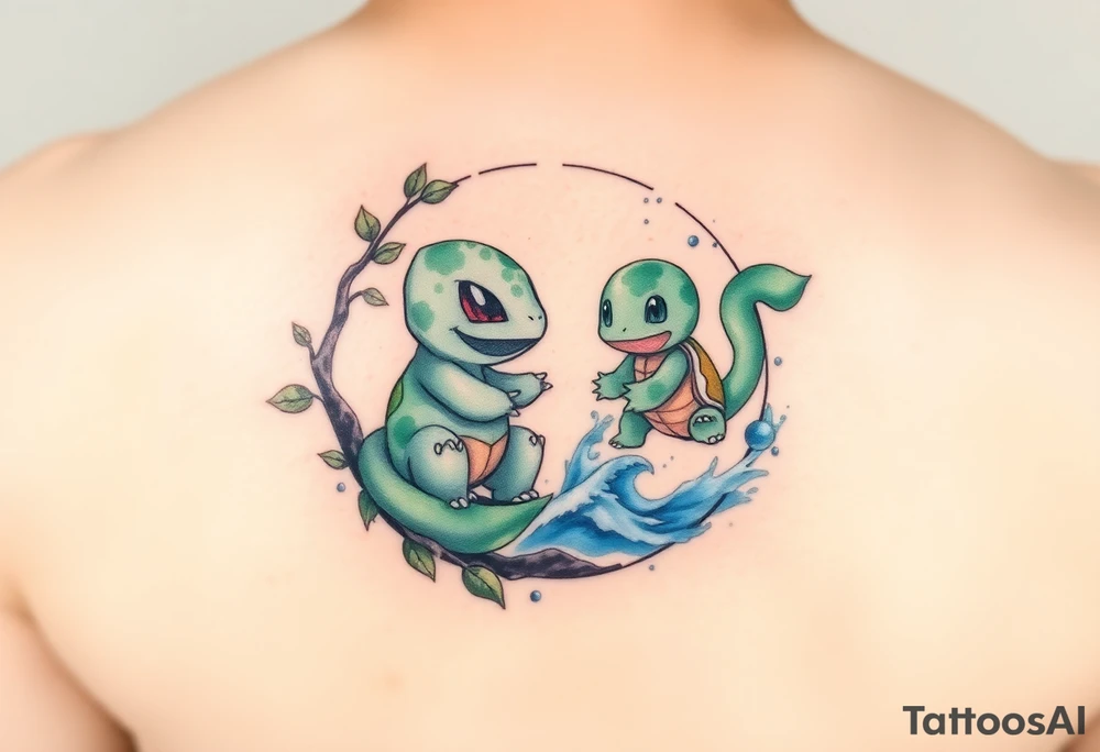 A yin-and-yang watercolor tattoo featuring Bulbasaur and Squirtle in their natural habitats. Bulbasaur forms the yin side, nestled in a lush forest environment with soft green watercolor washes, leaves, vines, moss, and gentle earthy textures. Squirtle forms the yang side, flowing through water with dynamic blue watercolor splashes, waves, bubbles, and light reflections. Their bodies curve together to complete the circular yin-yang symbol. The style is soft watercolor with subtle ink outlines, fluid motion, balanced contrast between earth and water, minimal background, and a harmonious, serene energy. tattoo idea