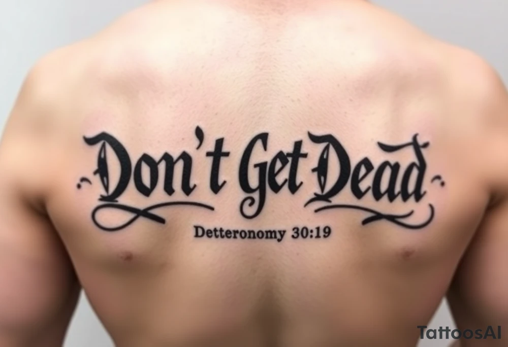 I want a cool design that includes the words “Don’t Get Dead” and includes the scripture reference Deuteronomy 30:19. Also I want something representing each of the 4 members of my family. tattoo idea