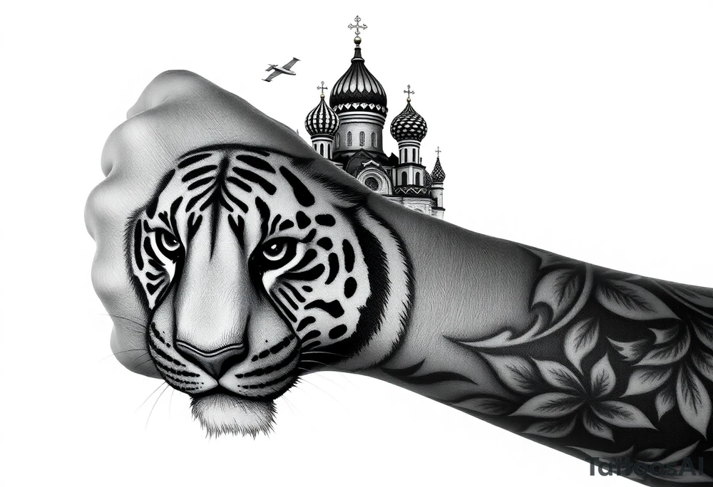 Realistic tiger face on the back of the hand with strong contrast and fine detail with all black eyes. then a highly detailed Russian Orthodox cathedral sitting above on the top fore arm with onion domes and orthodox crosses, done in fine line, engraving-like style. Cohesive composition, black ink only, no color, high contrast, slightly aged, documentary-style, plain light background. with clouds above and a virgin mary tattoo idea
