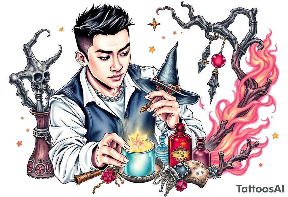 Handsome Asian young adult guy is  accidentally stumbled upon witch tools, supplies, artifacts, potions and exploring it curiously tattoo idea