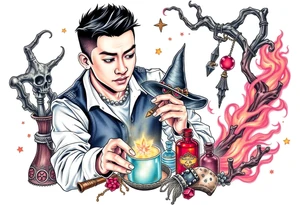 Handsome Asian young adult guy is  accidentally stumbled upon witch tools, supplies, artifacts, potions and exploring it curiously tattoo idea