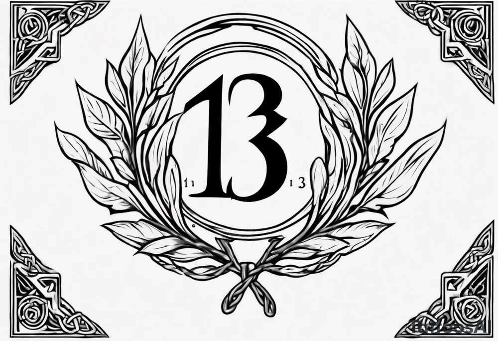 The number 13 in the middle of a laurel leaf wreath, a Celtic sword under the number. tattoo idea
