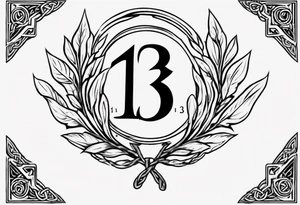 The number 13 in the middle of a laurel leaf wreath, a Celtic sword under the number. tattoo idea