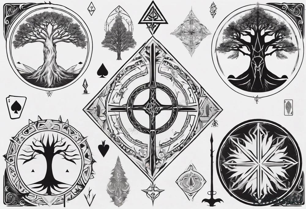 White Tree of Gondor, Geometric symbols, Nordic cross, playing card, lord of the rings, Native American headdress, tattoo idea