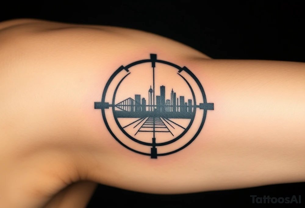scope crosshairs with eerie Los Angeles city horizon in background tattoo idea