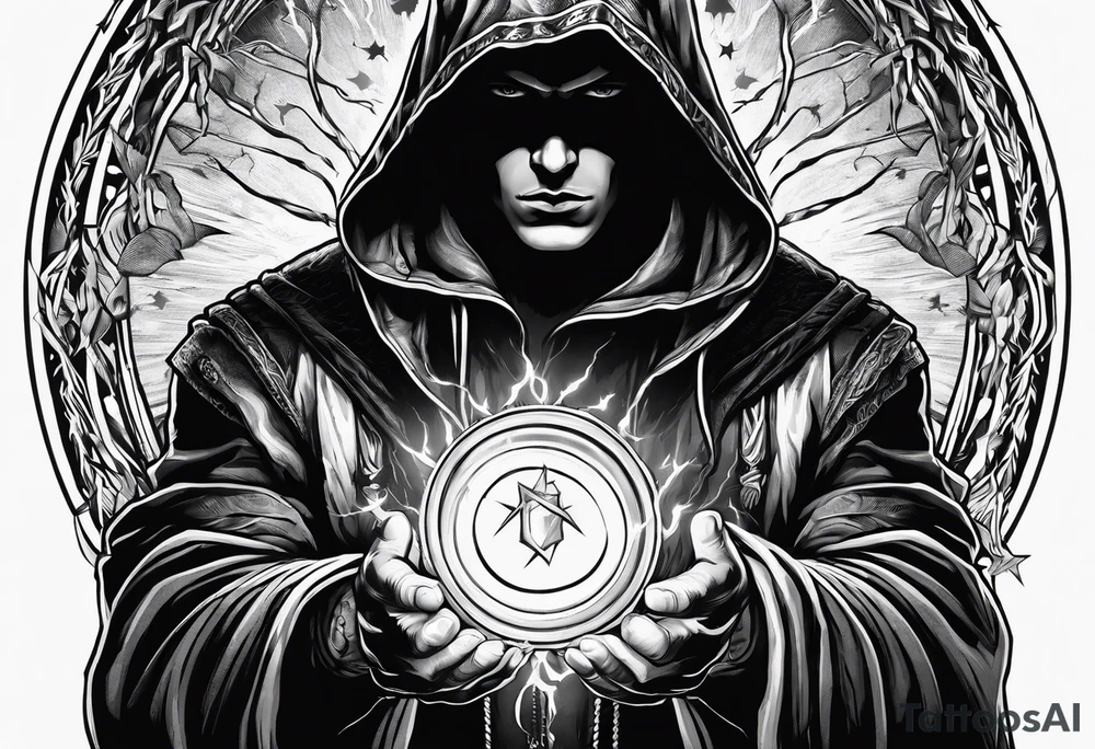 Hooded figure with a ring of lightning tattoo idea