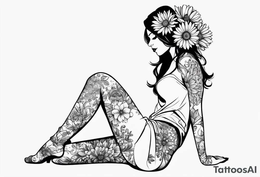 silhouette of a girl with a flower head, kneeling tattoo idea
