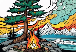 Small campfire in the center, right side: an evergreen tall tree, left side: skinny fast flow steam tattoo idea