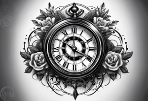 draw me a tattoo with an old clock and a compass rose. shadows of roman numerals are in the background. it is a tattoo located on the left shoulder of a man. it is black and white. tattoo idea