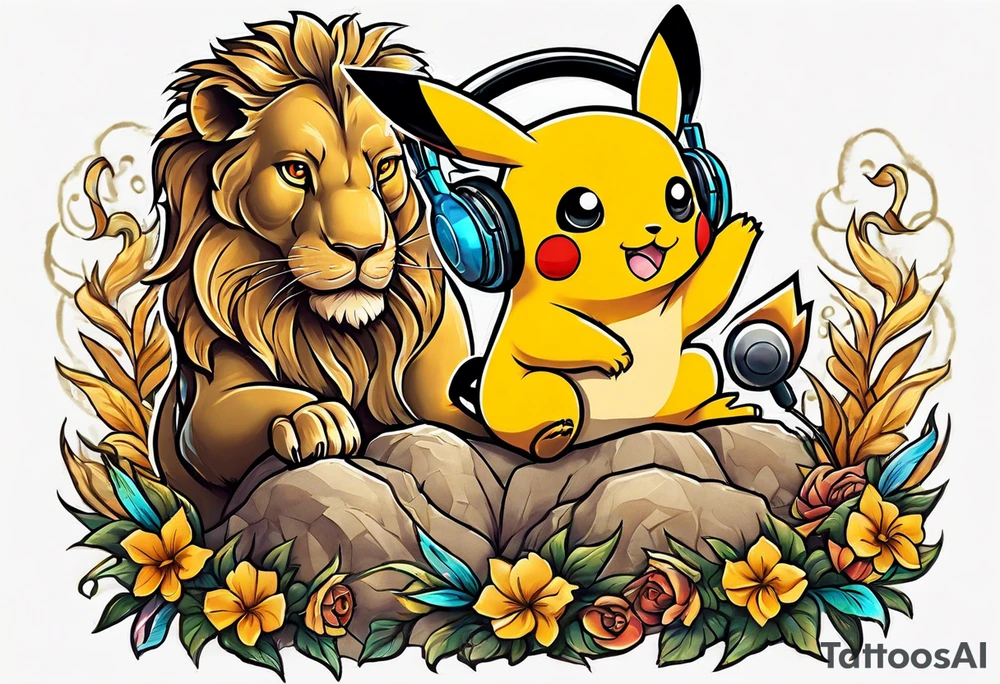 pickachu sitting on a lion listening to music tattoo idea