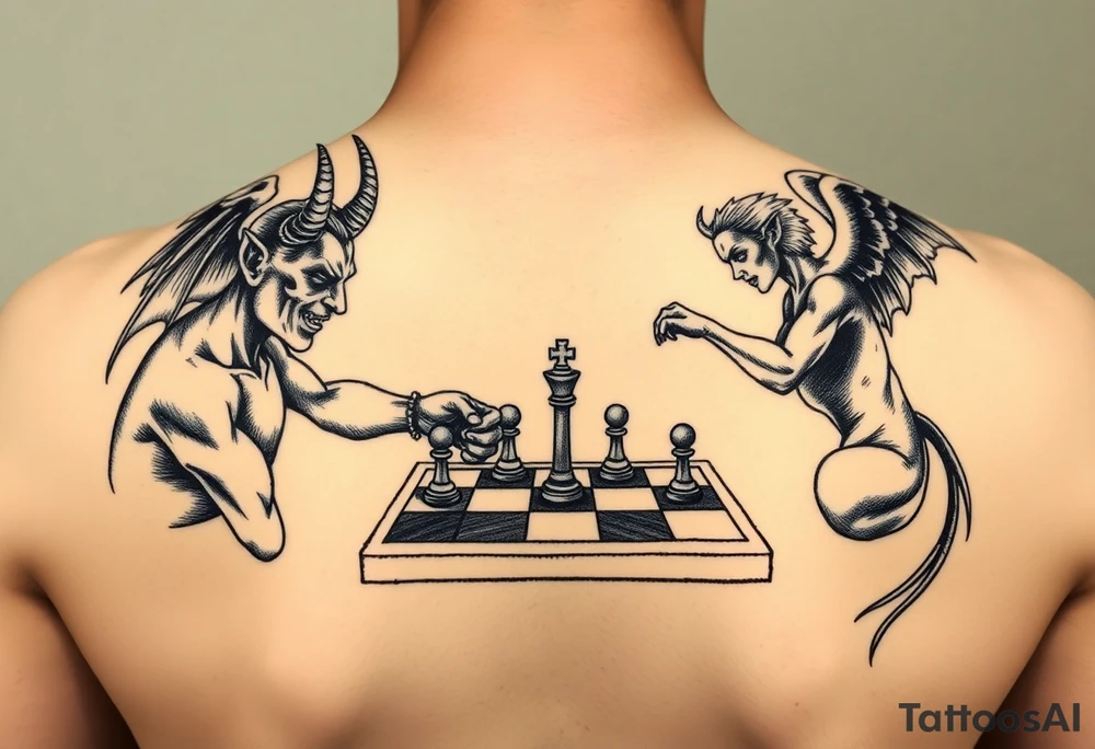 devil and angel playing chess in black. Make them seem like people and not animals tattoo idea