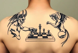 devil and angel playing chess in black. Make them seem like people and not animals tattoo idea