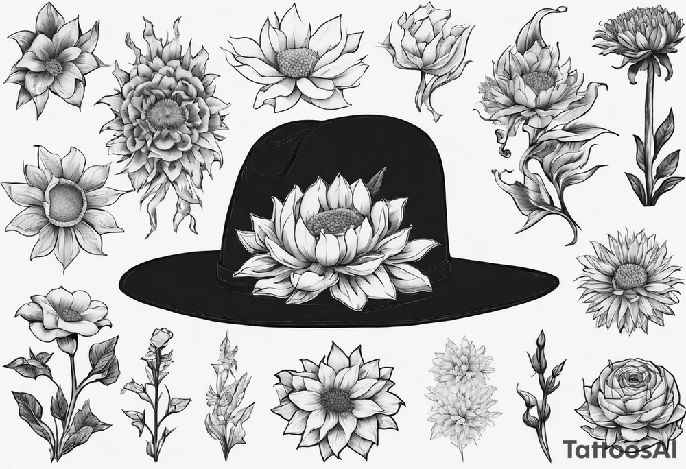 mens tattoo
flower arrangement hat includes:
 lotus, sunflower, chrysanthemum, jasmine (or flower that symbolises luck), gardenia, mullein, forget me not and gladiolus tattoo idea