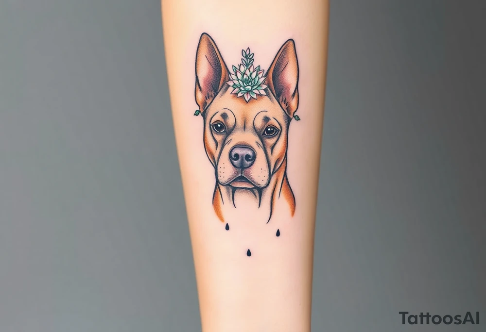tan staffie with succulents and flowers surrounding her head tattoo idea