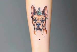 tan staffie with succulents and flowers surrounding her head tattoo idea