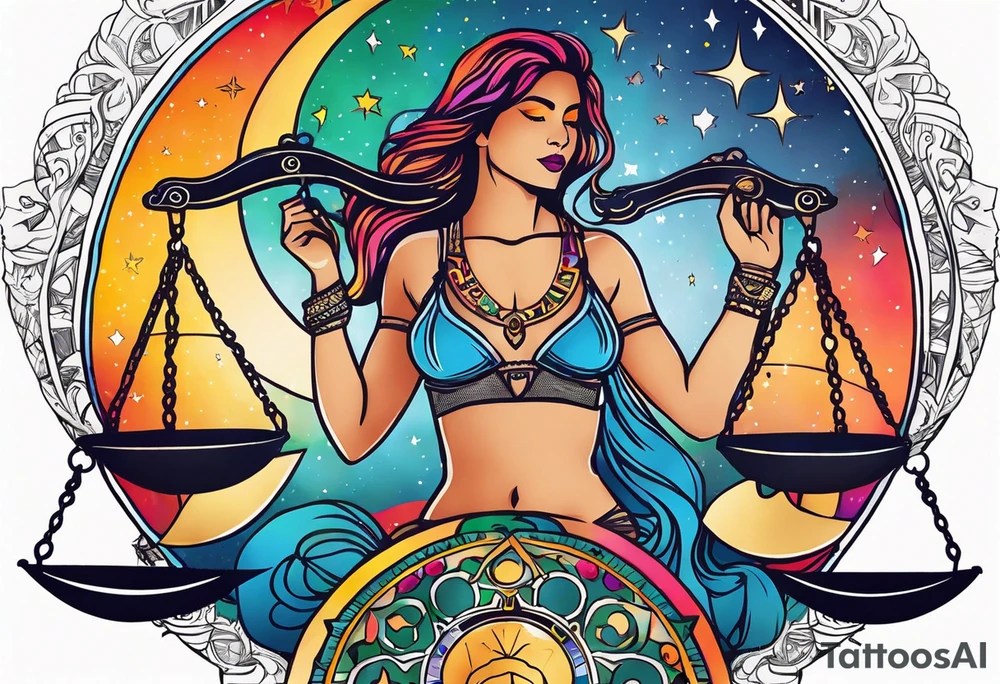Libra woman holding scales with a night zodiac background including a half moon that encircles half of the woman with vibrant colors tattoo idea