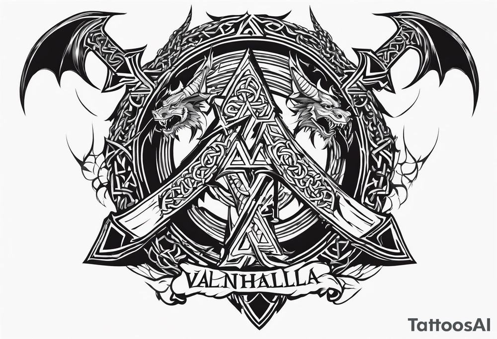 Valhalla sword shield dragon axe Valknut barbed wire chains fire tattoo idea Valhalla sword shield dragon axe Valknut barbed wire chains fire tattoo idea