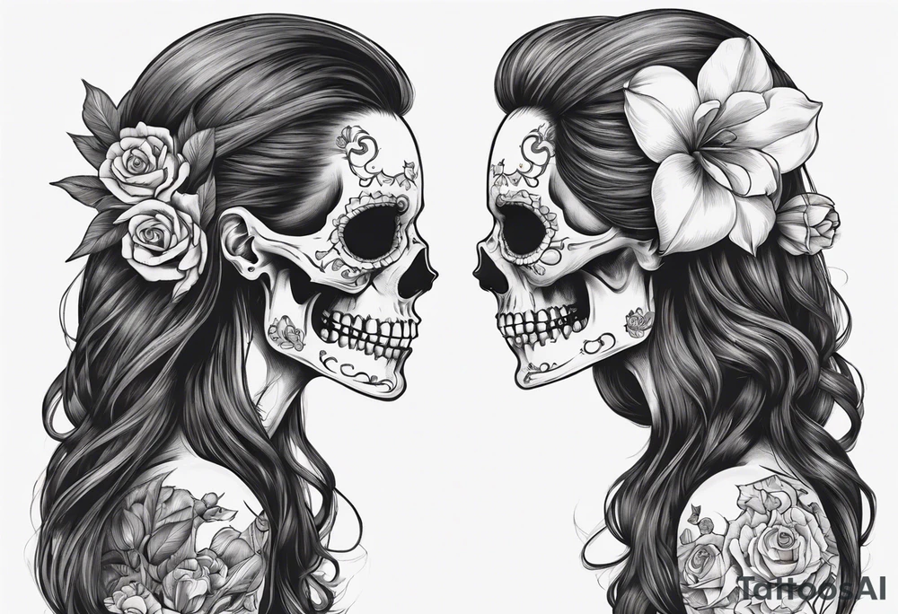 sideview of female skull with long open hair and tulip tuft in mouth and catrina painting, friendly mood tattoo idea