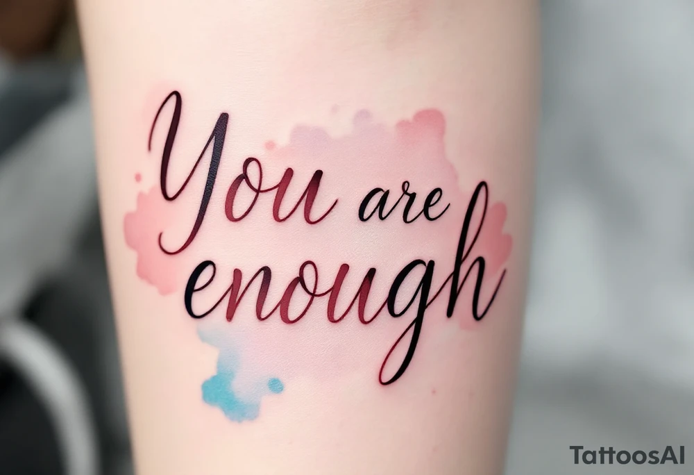 “You are enough” in dusty rose with a faint watercolor background of pastel blues and pinks. tattoo idea