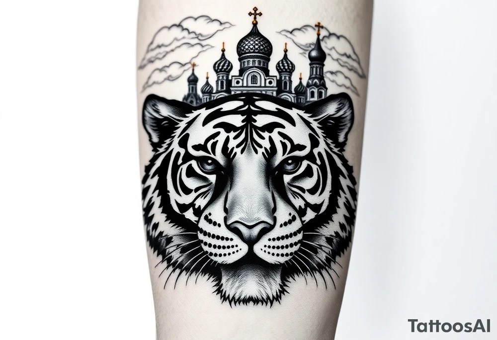 Realistic tiger face on the back of the hand with its eyes ALL black and no pupils, sitting beneath a Russian Orthodox cathedral sitting above on the top fore arm with onion domes and orthodox crosses. with clouds above and a virgin mary tattoo idea