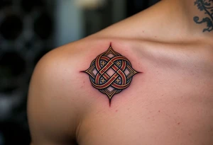 Endless knot in deep red and gold, reflecting the interconnectedness of all existence. tattoo idea