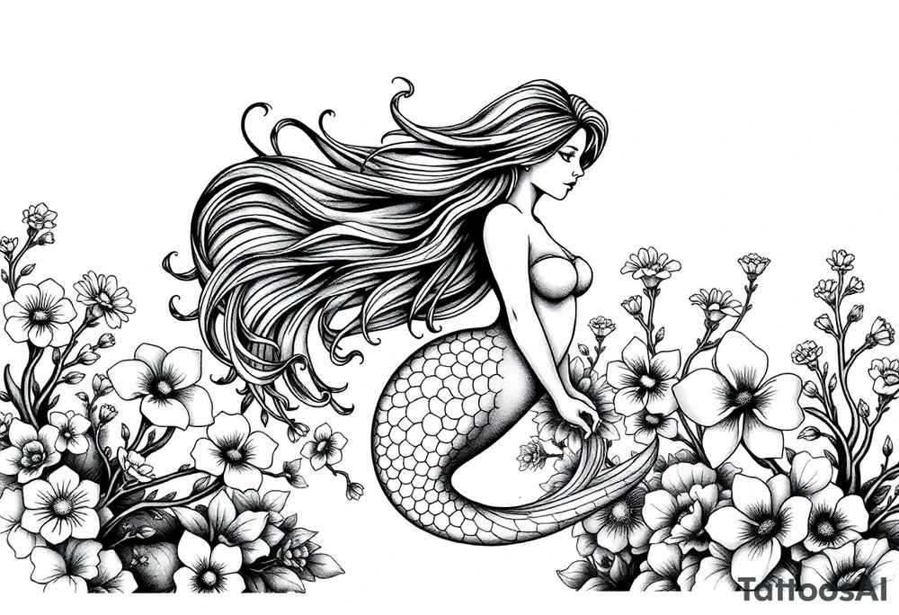 ethereal mermaid with flowing hair among coral and sea flowers tattoo idea