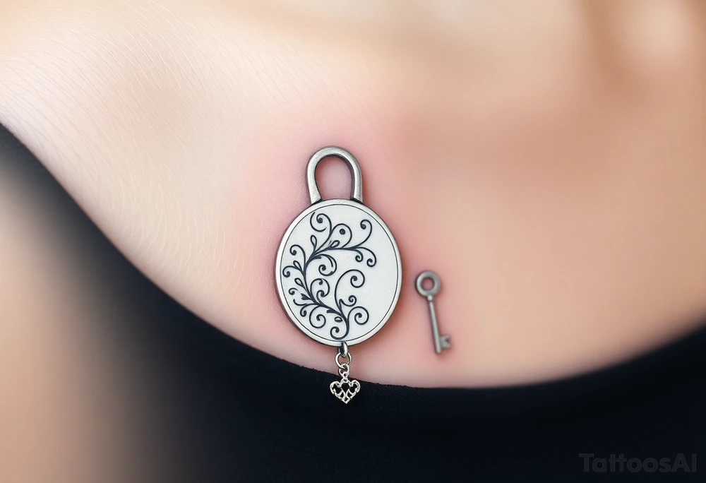 An open silver lock with swirling floral engravings, with a matching silver key hanging from a delicate chain tattoo idea