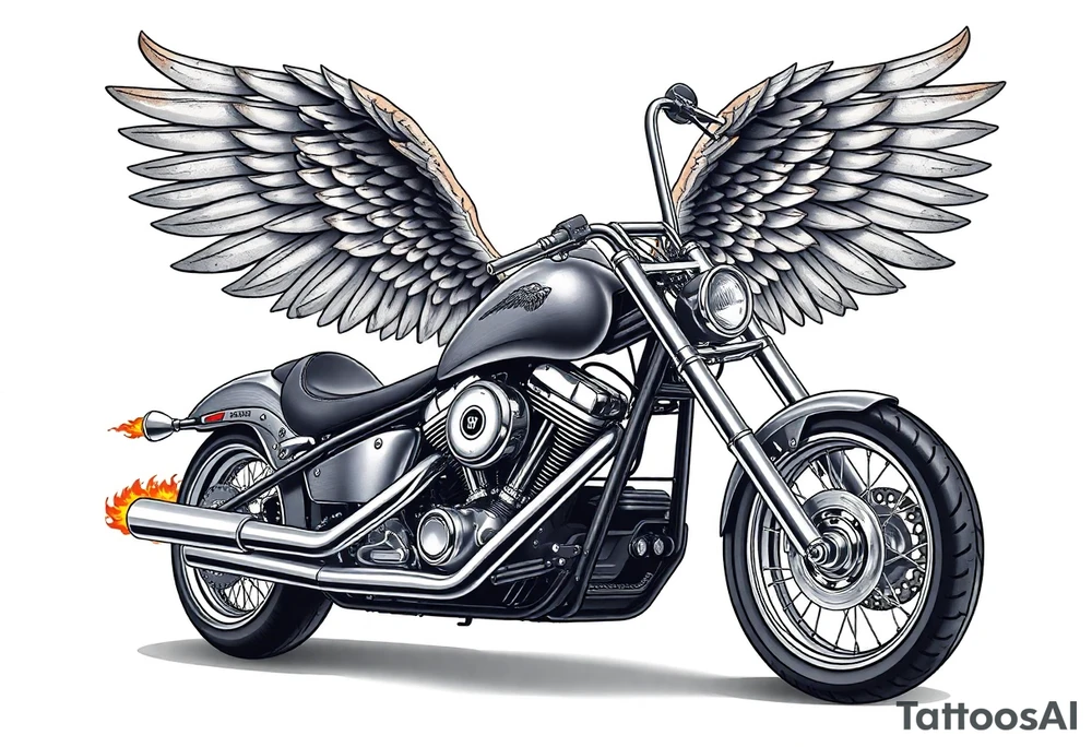 Low rider grey motorcycle, big muffler pipes with flames, angel wings tattoo idea