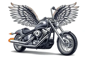 Low rider grey motorcycle, big muffler pipes with flames, angel wings tattoo idea