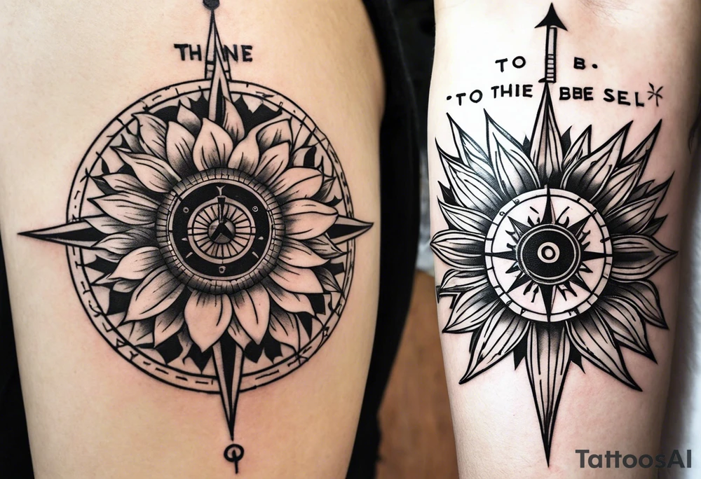 Sunflower and a compass, with the words "To Thine Own Self Be True" tattoo idea