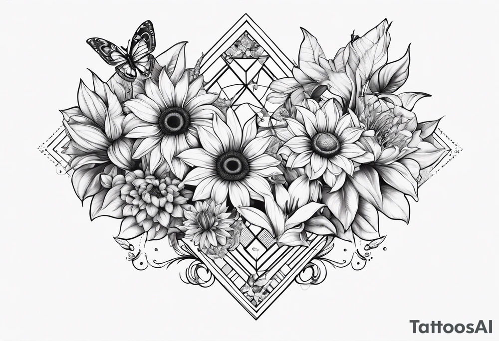 Small cluster containing sunflowers, lilies, diamonds and butterflies tattoo idea