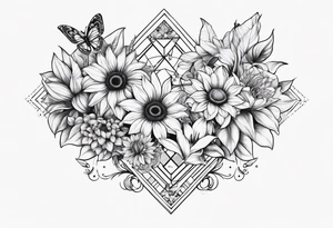 Small cluster containing sunflowers, lilies, diamonds and butterflies tattoo idea