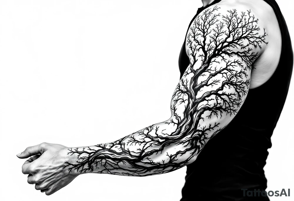 Entire arm tattooed like a tree tattoo idea