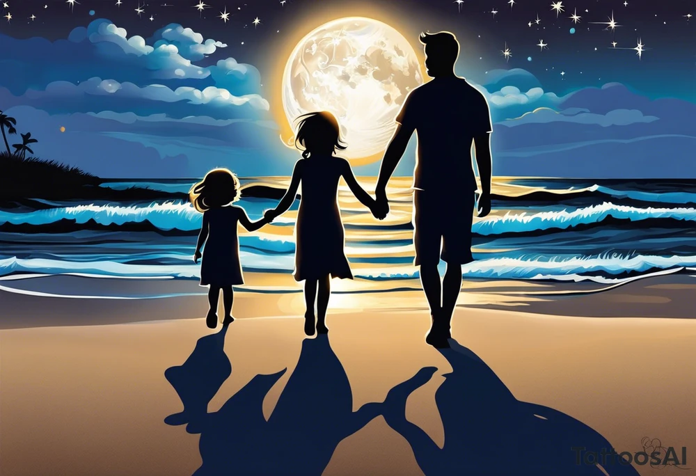 Create a stunning image of a realistic tattoo design that features a husband and wife holding hands, accompanied by their two children, walking along a beautiful beach. The moon shines radiantly in the night sky, illuminating the serene scene. Let your creativity flourish as you envision the intricate details that bring this tattoo to life, encapsulating the essence of love, family, and the awe-inspiring beauty of nature. tattoo idea