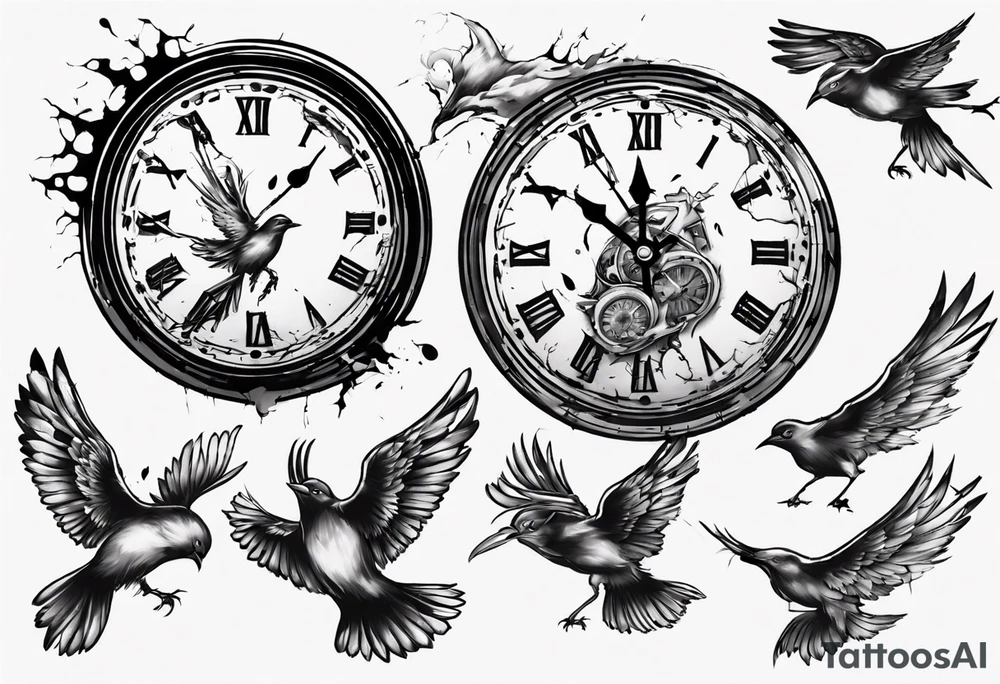 clock explodes and breaks it pieces becoming  birds tattoo idea