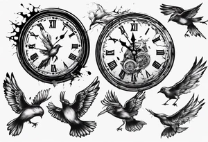 clock explodes and breaks it pieces becoming  birds tattoo idea