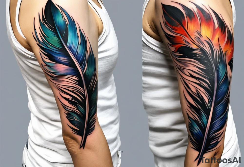 The tattoo begins on the left arm, at the elbow, where feathers are flying under the action of the wind towards the left hand. These feathers share the air space with branches that have leaves, and both elements move together up the left arm. As they approach the shoulder, some lightning appears between them. At this point, the feathers start to converge toward the left chest, where a vortex of energy reveals the head of an owl. The branches converge toward the left side of the back, passing over the shoulder. On the left side of the back, there is a dense, psychedelic element representing the energy of life's creation, with references to the earth, element, and planet. There is also a clay house in this area. tattoo idea