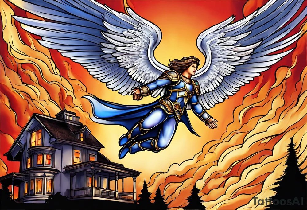 Archangel Michael flying over house fire tattoo idea