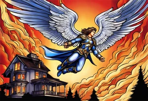 Archangel Michael flying over house fire tattoo idea
