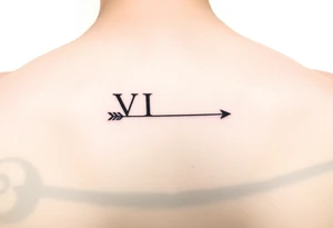 Minimalist fine-line tattoo, Roman numerals VII with a down arrow and VIII with an up arrow, clean typography, delicate, micro-tattoo style, sharp black ink, plain white background. tattoo idea