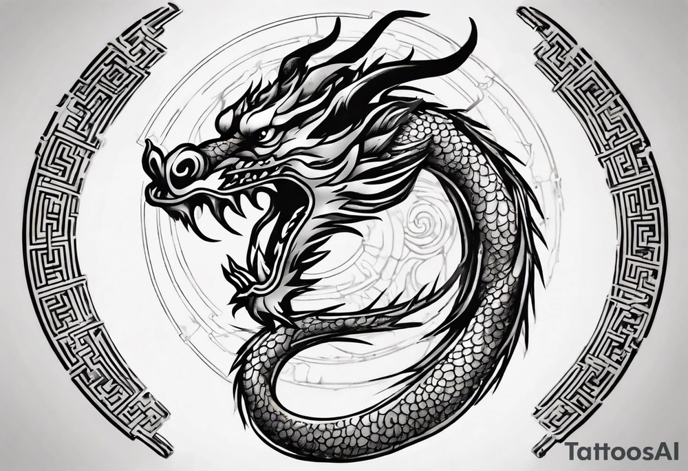 Chinese dragon in a circular shape with "02.03" written on it tattoo idea